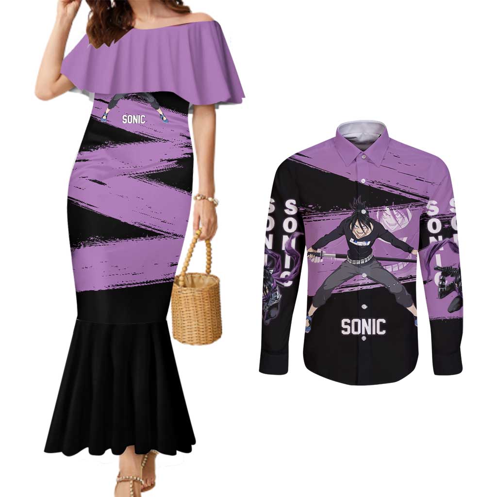 Sonic One Punch Man Anime Purple and Black Theme Couples Matching Mermaid Dress and Long Sleeve Button Shirt with Stealth Pose and High-Speed Ninja Design - The Mazicc