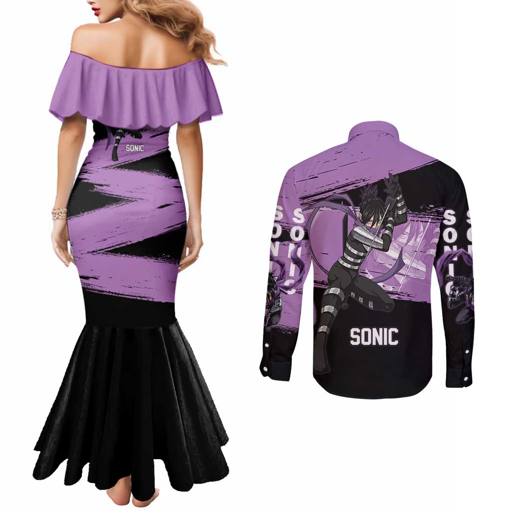 Sonic One Punch Man Anime Purple and Black Theme Couples Matching Mermaid Dress and Long Sleeve Button Shirt with Stealth Pose and High-Speed Ninja Design - The Mazicc