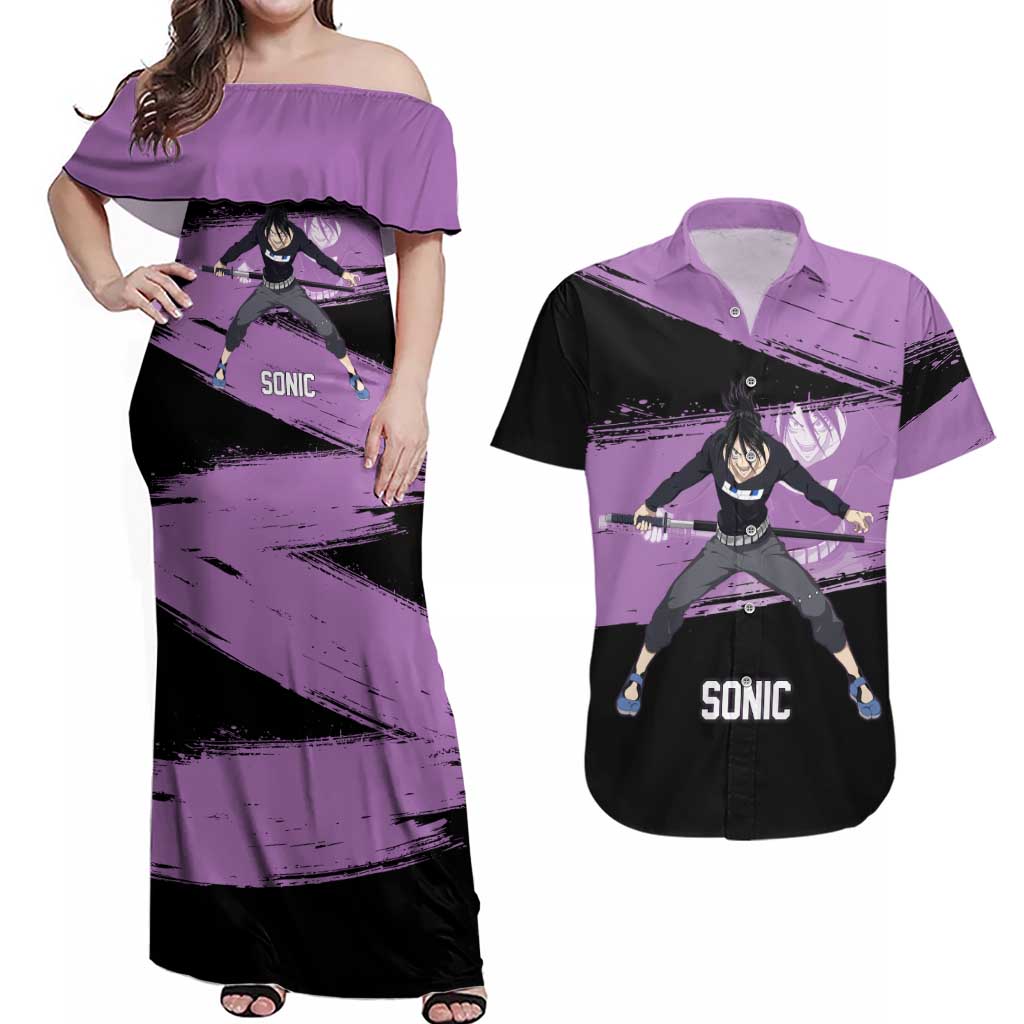 Sonic One Punch Man Anime Purple and Black Theme Couples Matching Off Shoulder Maxi Dress and Hawaiian Shirt with Stealth Pose and High-Speed Ninja Design - The Mazicc