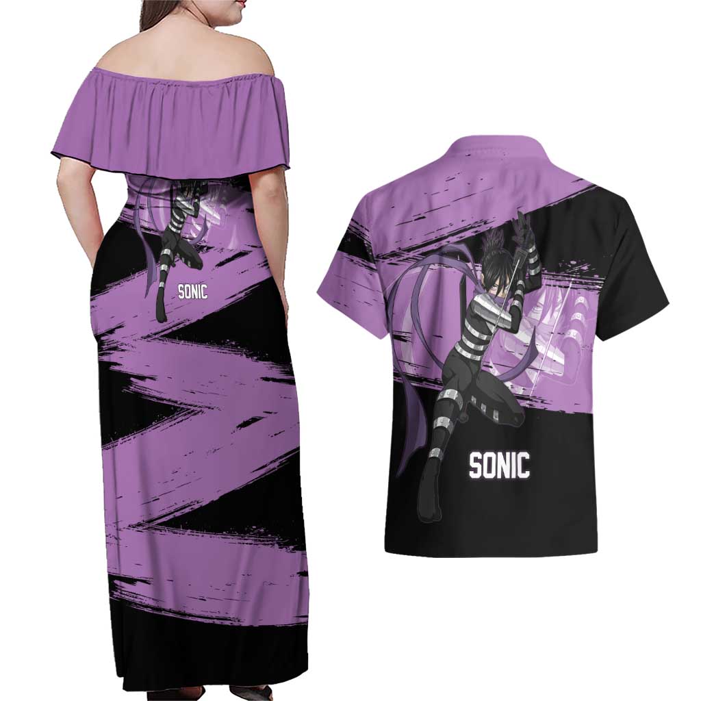 Sonic One Punch Man Anime Purple and Black Theme Couples Matching Off Shoulder Maxi Dress and Hawaiian Shirt with Stealth Pose and High-Speed Ninja Design - The Mazicc