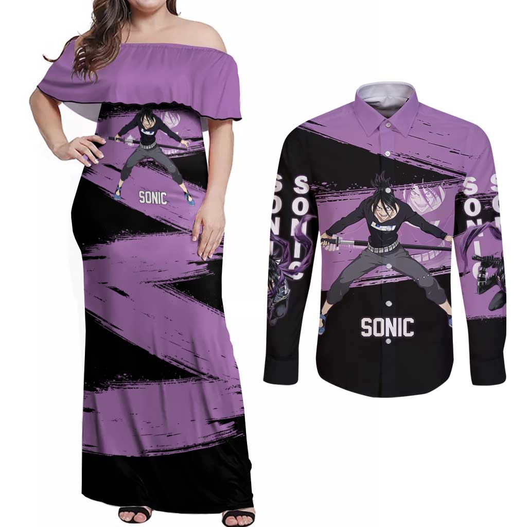 Sonic One Punch Man Anime Purple and Black Theme Couples Matching Off Shoulder Maxi Dress and Long Sleeve Button Shirt with Stealth Pose and High-Speed Ninja Design - The Mazicc