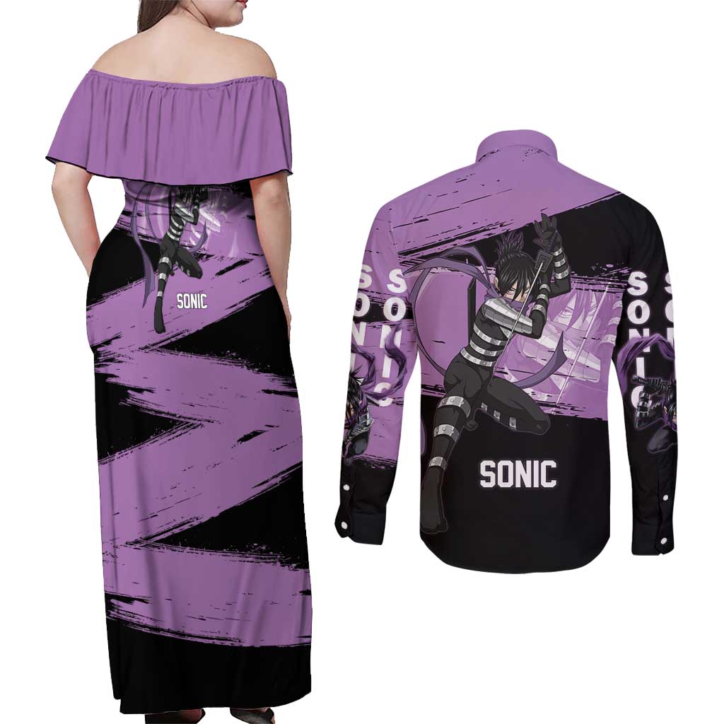 Sonic One Punch Man Anime Purple and Black Theme Couples Matching Off Shoulder Maxi Dress and Long Sleeve Button Shirt with Stealth Pose and High-Speed Ninja Design - The Mazicc