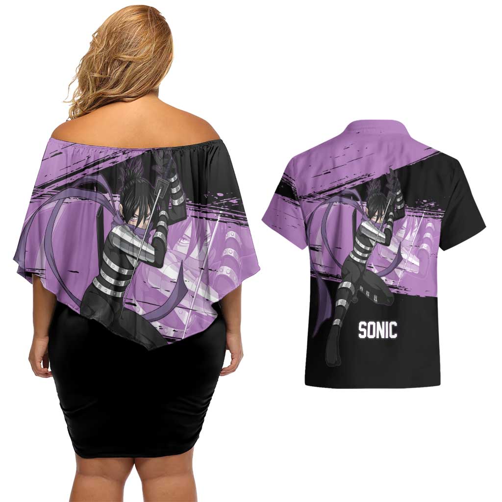 Sonic One Punch Man Anime Purple and Black Theme Couples Matching Off Shoulder Short Dress and Hawaiian Shirt with Stealth Pose and High-Speed Ninja Design - The Mazicc