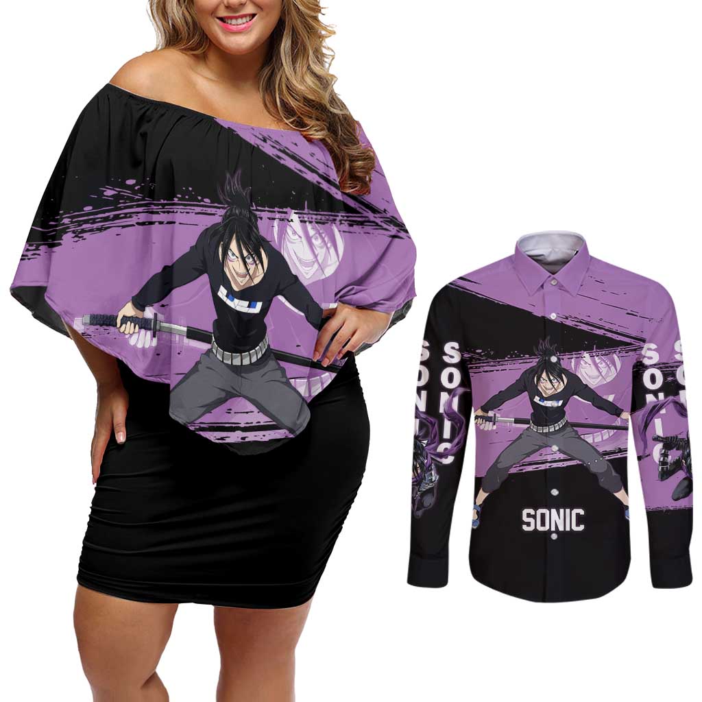 Sonic One Punch Man Anime Purple and Black Theme Couples Matching Off Shoulder Short Dress and Long Sleeve Button Shirt with Stealth Pose and High-Speed Ninja Design - The Mazicc