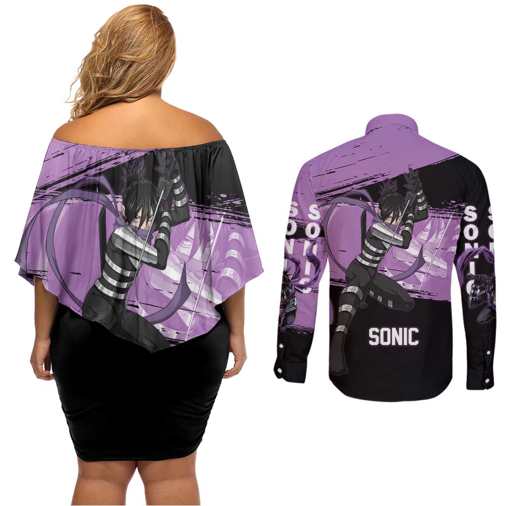 Sonic One Punch Man Anime Purple and Black Theme Couples Matching Off Shoulder Short Dress and Long Sleeve Button Shirt with Stealth Pose and High-Speed Ninja Design - The Mazicc