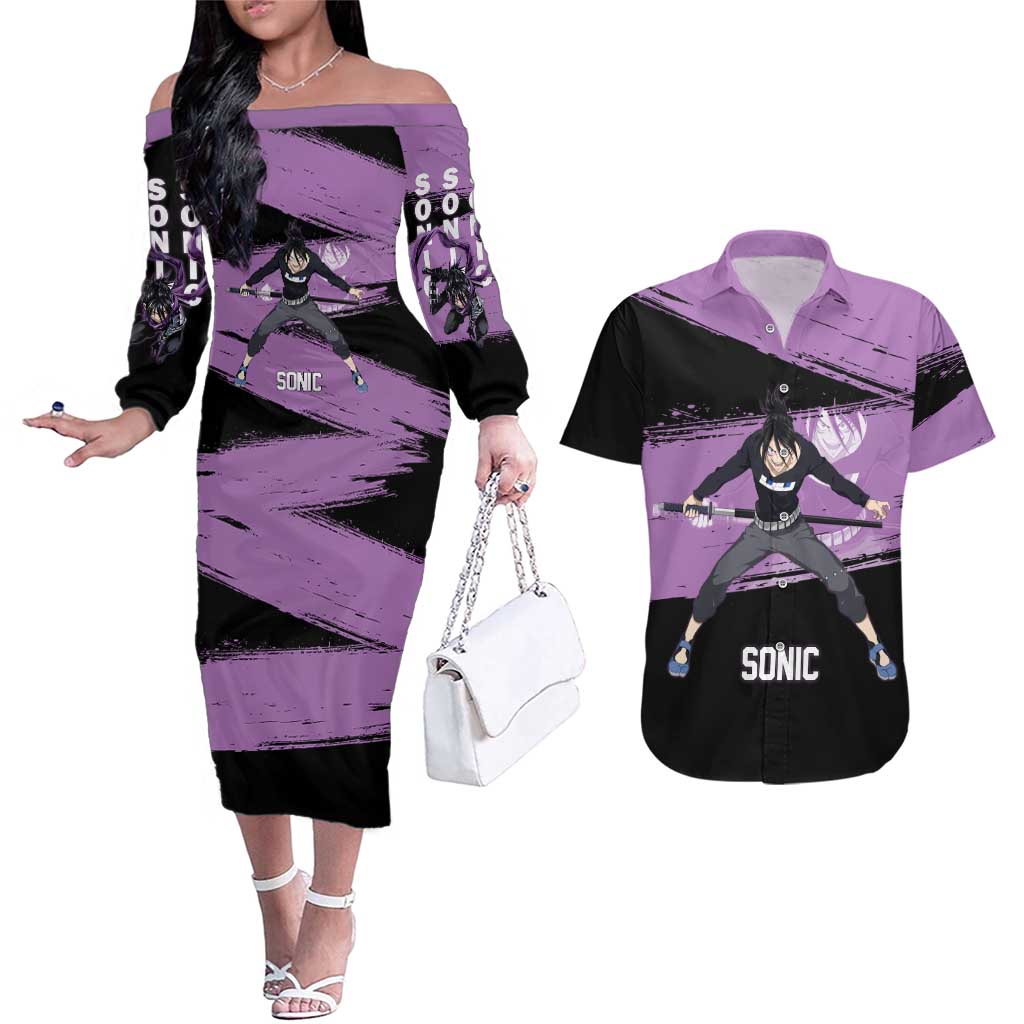 Sonic One Punch Man Anime Purple and Black Theme Couples Matching Off The Shoulder Long Sleeve Dress and Hawaiian Shirt with Stealth Pose and High-Speed Ninja Design - The Mazicc