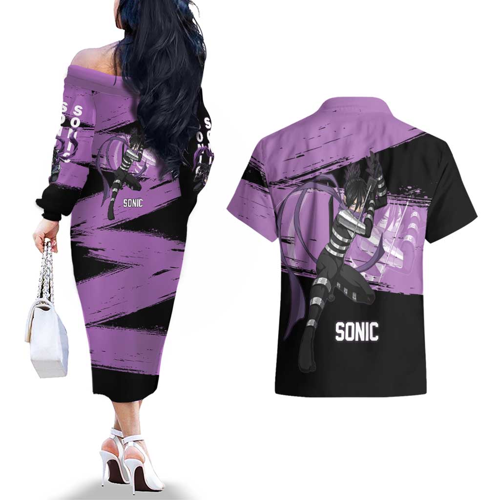 Sonic One Punch Man Anime Purple and Black Theme Couples Matching Off The Shoulder Long Sleeve Dress and Hawaiian Shirt with Stealth Pose and High-Speed Ninja Design - The Mazicc