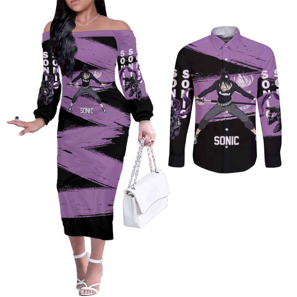 Sonic One Punch Man Anime Purple and Black Theme Couples Matching Off The Shoulder Long Sleeve Dress and Long Sleeve Button Shirt with Stealth Pose and High-Speed Ninja Design - The Mazicc