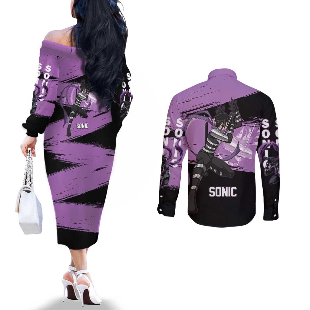 Sonic One Punch Man Anime Purple and Black Theme Couples Matching Off The Shoulder Long Sleeve Dress and Long Sleeve Button Shirt with Stealth Pose and High-Speed Ninja Design - The Mazicc