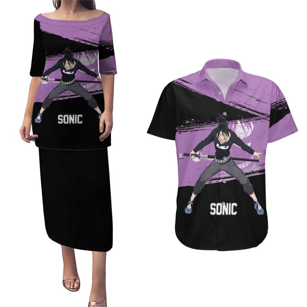 Sonic One Punch Man Anime Purple and Black Theme Couples Matching Puletasi and Hawaiian Shirt with Stealth Pose and High-Speed Ninja Design - The Mazicc