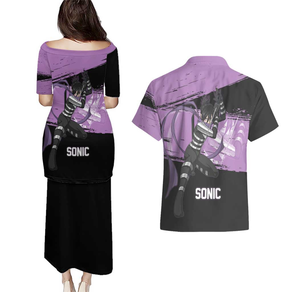 Sonic One Punch Man Anime Purple and Black Theme Couples Matching Puletasi and Hawaiian Shirt with Stealth Pose and High-Speed Ninja Design - The Mazicc