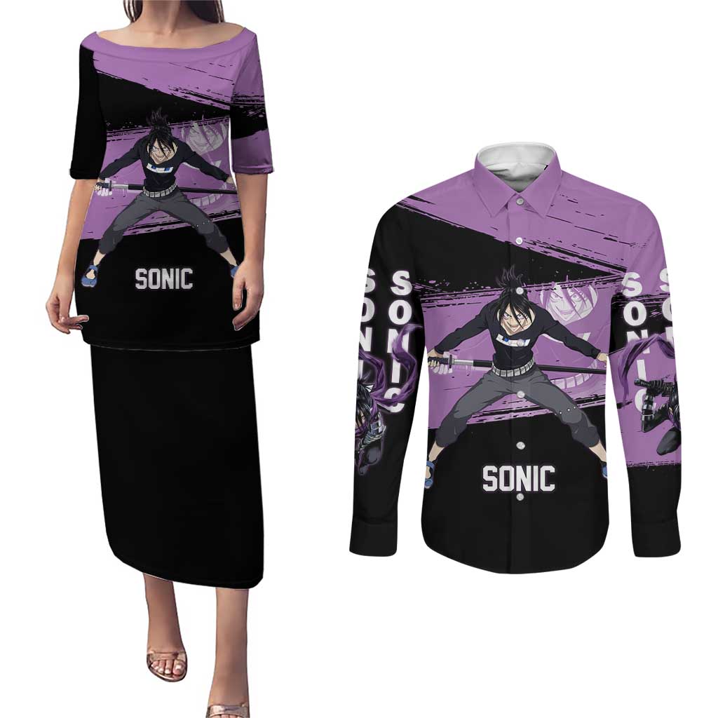 Sonic One Punch Man Anime Purple and Black Theme Couples Matching Puletasi and Long Sleeve Button Shirt with Stealth Pose and High-Speed Ninja Design - The Mazicc