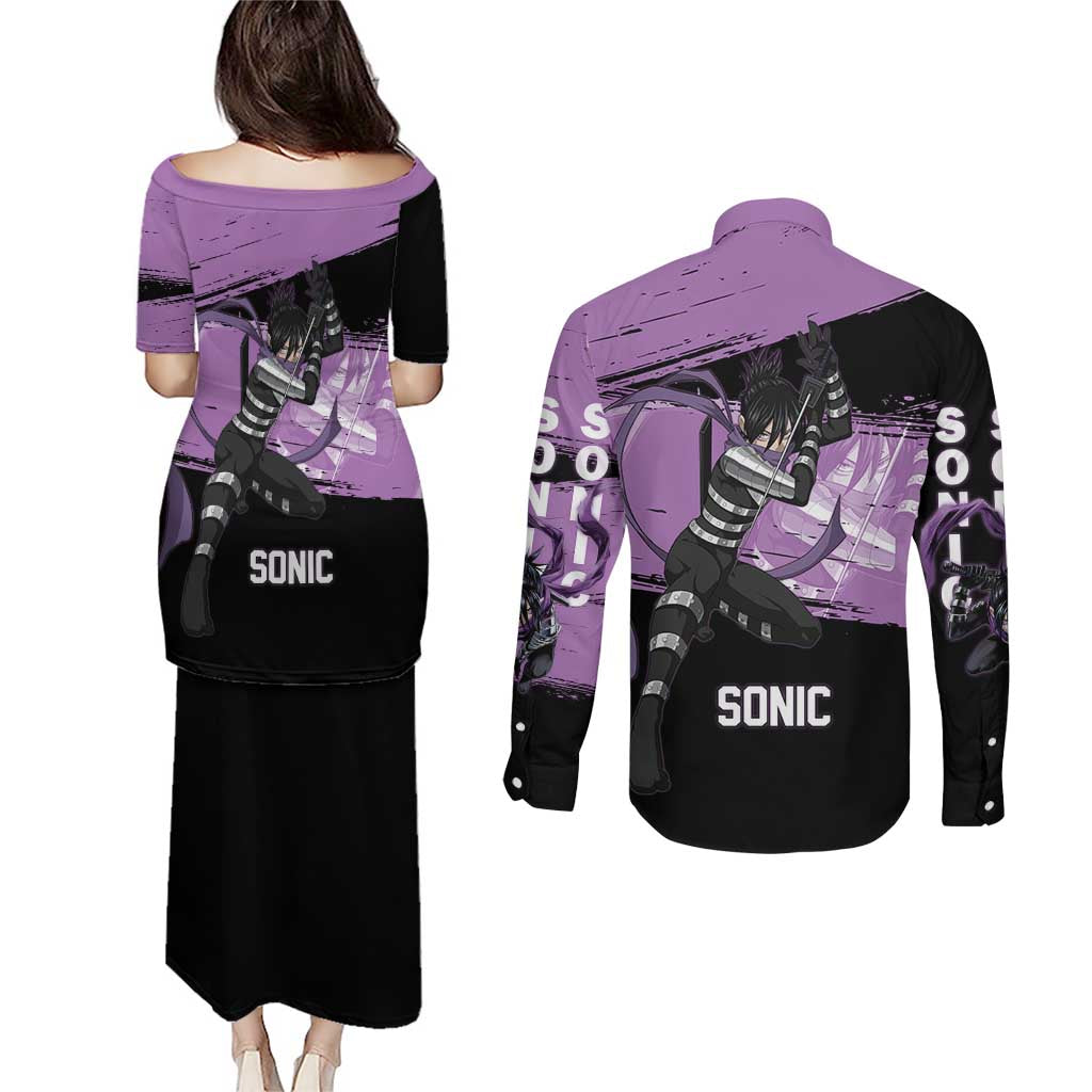 Sonic One Punch Man Anime Purple and Black Theme Couples Matching Puletasi and Long Sleeve Button Shirt with Stealth Pose and High-Speed Ninja Design - The Mazicc