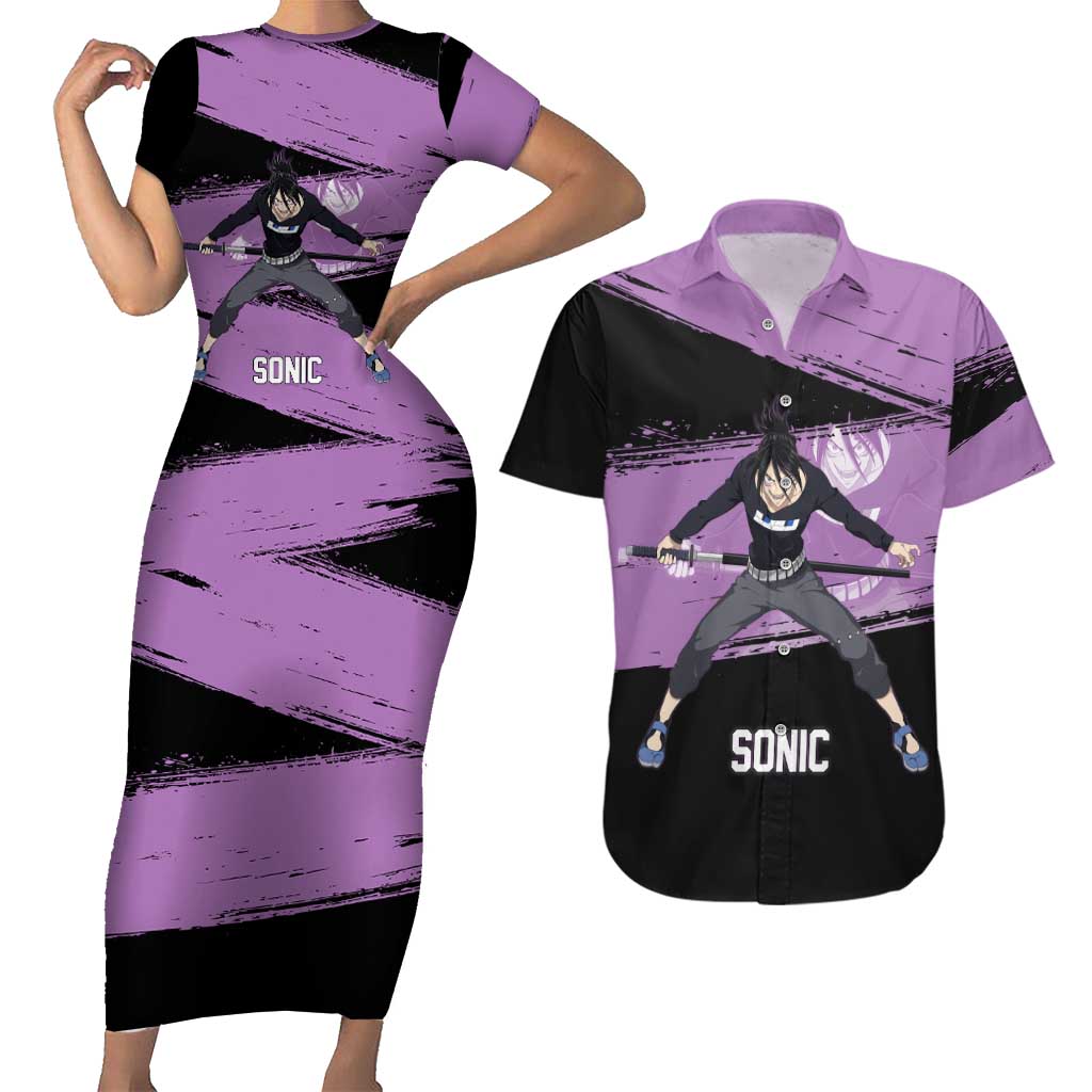 Sonic One Punch Man Anime Purple and Black Theme Couples Matching Short Sleeve Bodycon Dress and Hawaiian Shirt with Stealth Pose and High-Speed Ninja Design - The Mazicc