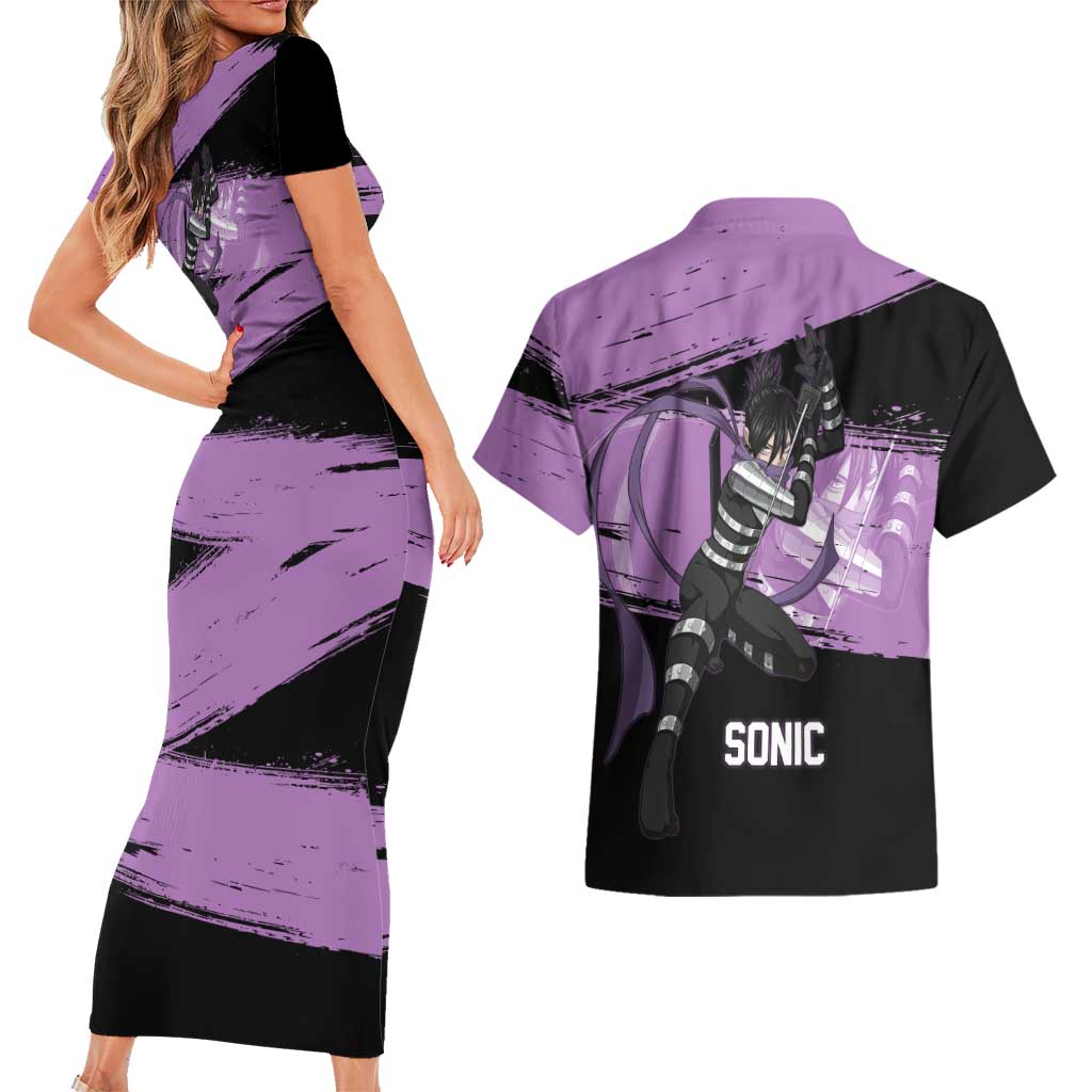 Sonic One Punch Man Anime Purple and Black Theme Couples Matching Short Sleeve Bodycon Dress and Hawaiian Shirt with Stealth Pose and High-Speed Ninja Design - The Mazicc