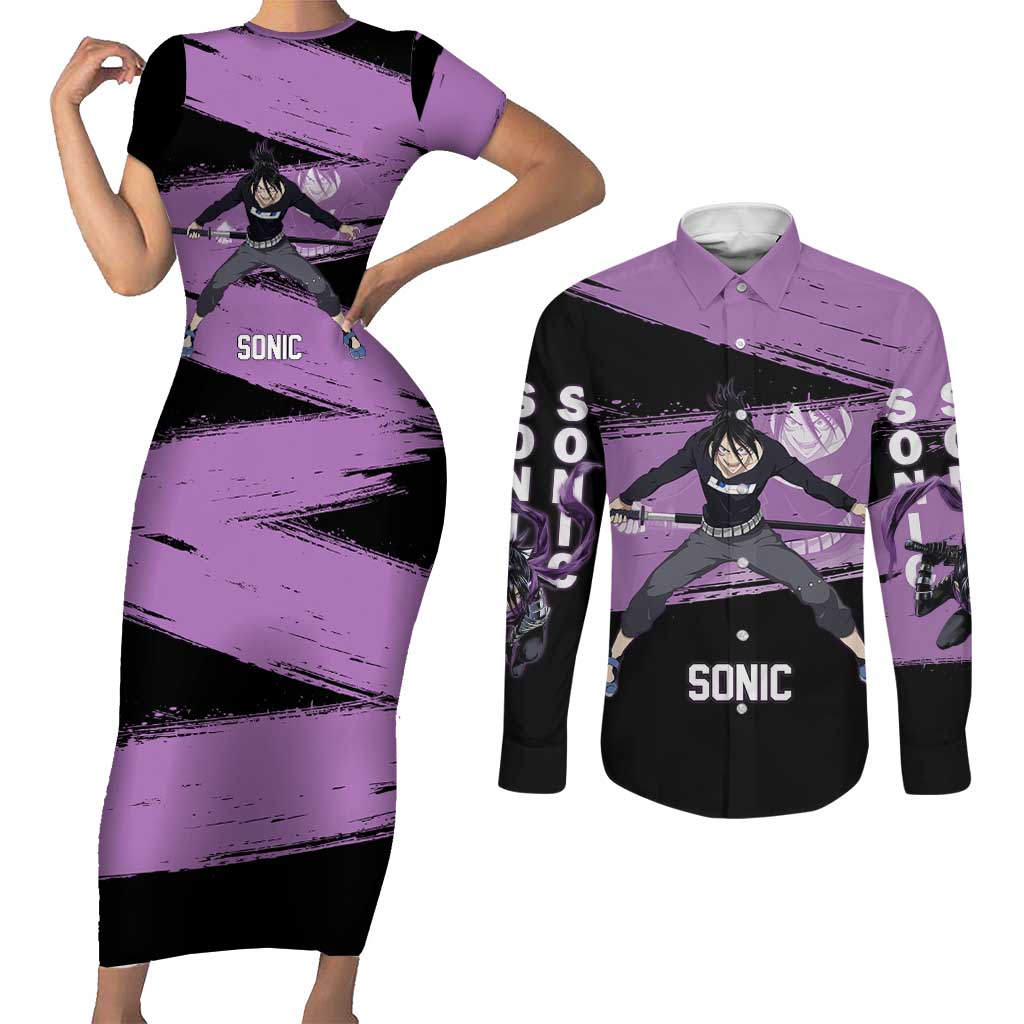 Sonic One Punch Man Anime Purple and Black Theme Couples Matching Short Sleeve Bodycon Dress and Long Sleeve Button Shirt with Stealth Pose and High-Speed Ninja Design - The Mazicc