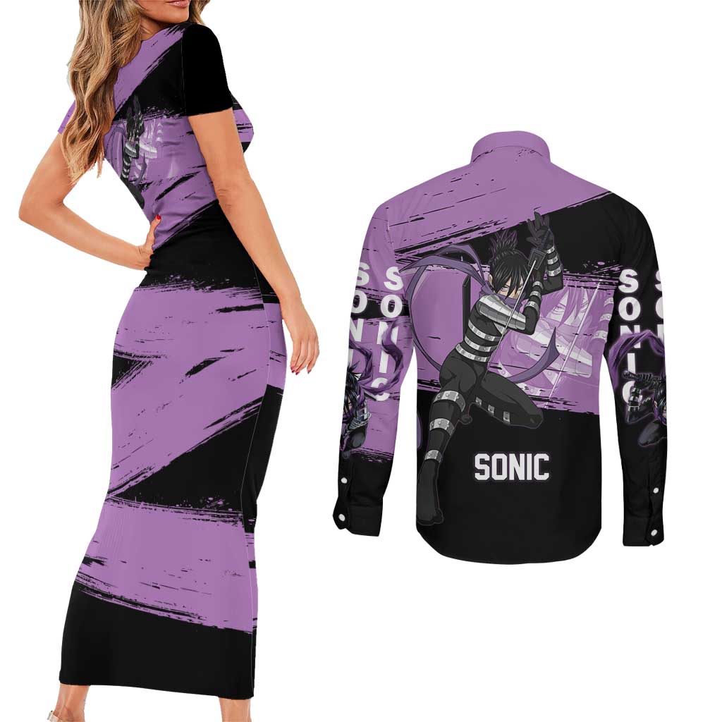Sonic One Punch Man Anime Purple and Black Theme Couples Matching Short Sleeve Bodycon Dress and Long Sleeve Button Shirt with Stealth Pose and High-Speed Ninja Design - The Mazicc