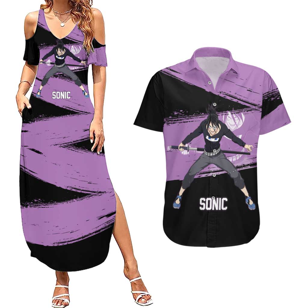 Sonic One Punch Man Anime Purple and Black Theme Couples Matching Summer Maxi Dress and Hawaiian Shirt with Stealth Pose and High-Speed Ninja Design - The Mazicc