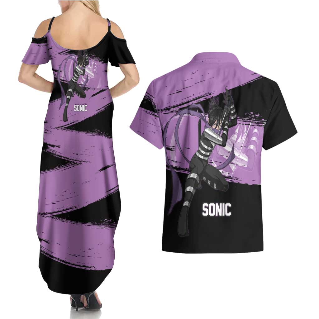 Sonic One Punch Man Anime Purple and Black Theme Couples Matching Summer Maxi Dress and Hawaiian Shirt with Stealth Pose and High-Speed Ninja Design - The Mazicc