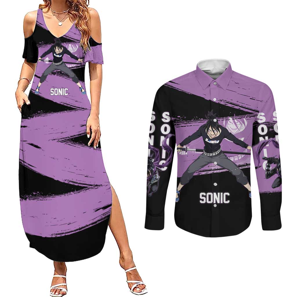 Sonic One Punch Man Anime Purple and Black Theme Couples Matching Summer Maxi Dress and Long Sleeve Button Shirt with Stealth Pose and High-Speed Ninja Design - The Mazicc