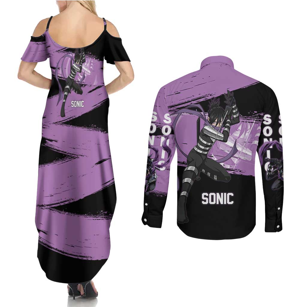 Sonic One Punch Man Anime Purple and Black Theme Couples Matching Summer Maxi Dress and Long Sleeve Button Shirt with Stealth Pose and High-Speed Ninja Design - The Mazicc