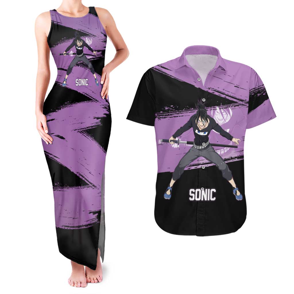 Sonic One Punch Man Anime Purple and Black Theme Couples Matching Tank Maxi Dress and Hawaiian Shirt with Stealth Pose and High-Speed Ninja Design - The Mazicc