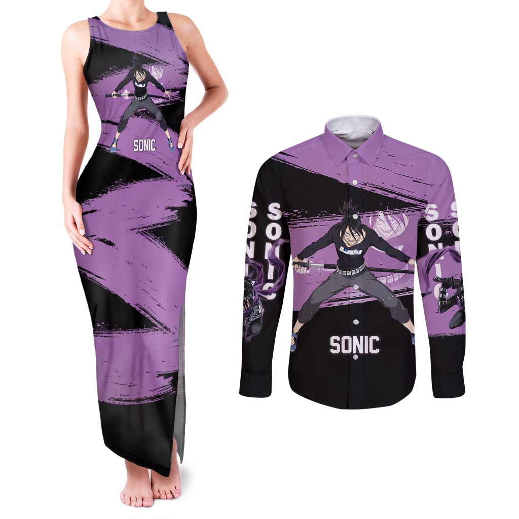 Sonic One Punch Man Anime Purple and Black Theme Couples Matching Tank Maxi Dress and Long Sleeve Button Shirt with Stealth Pose and High-Speed Ninja Design - The Mazicc