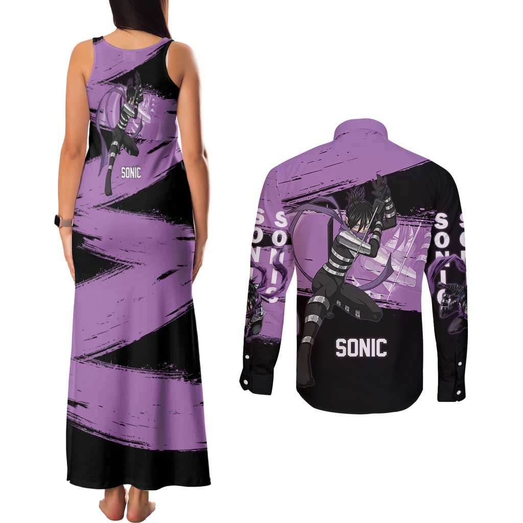 Sonic One Punch Man Anime Purple and Black Theme Couples Matching Tank Maxi Dress and Long Sleeve Button Shirt with Stealth Pose and High-Speed Ninja Design - The Mazicc