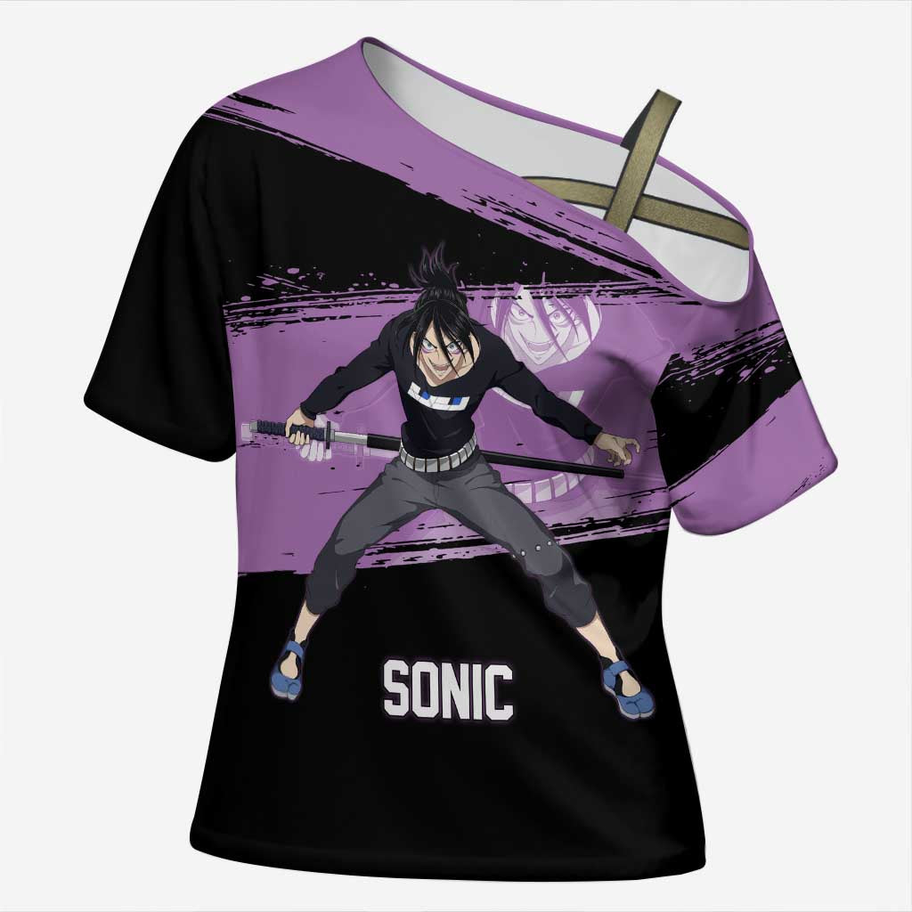 Sonic One Punch Man Anime Purple and Black Theme Cross Shoulder Shirt with Stealth Pose and High-Speed Ninja Design - The Mazicc