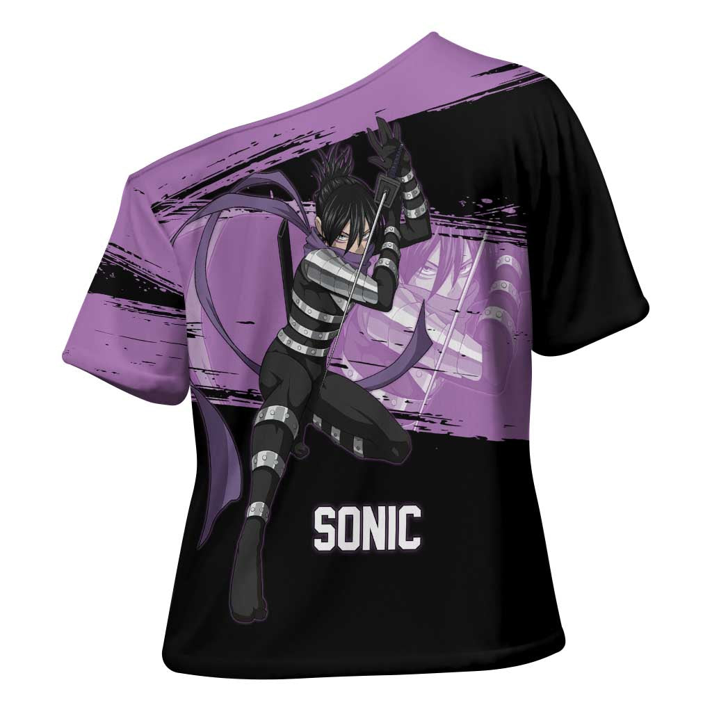 Sonic One Punch Man Anime Purple and Black Theme Cross Shoulder Shirt with Stealth Pose and High-Speed Ninja Design - The Mazicc
