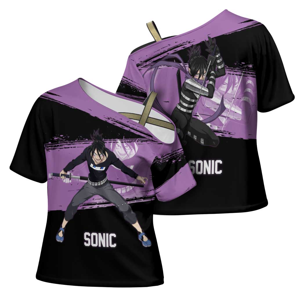 Sonic One Punch Man Anime Purple and Black Theme Cross Shoulder Shirt with Stealth Pose and High-Speed Ninja Design - The Mazicc