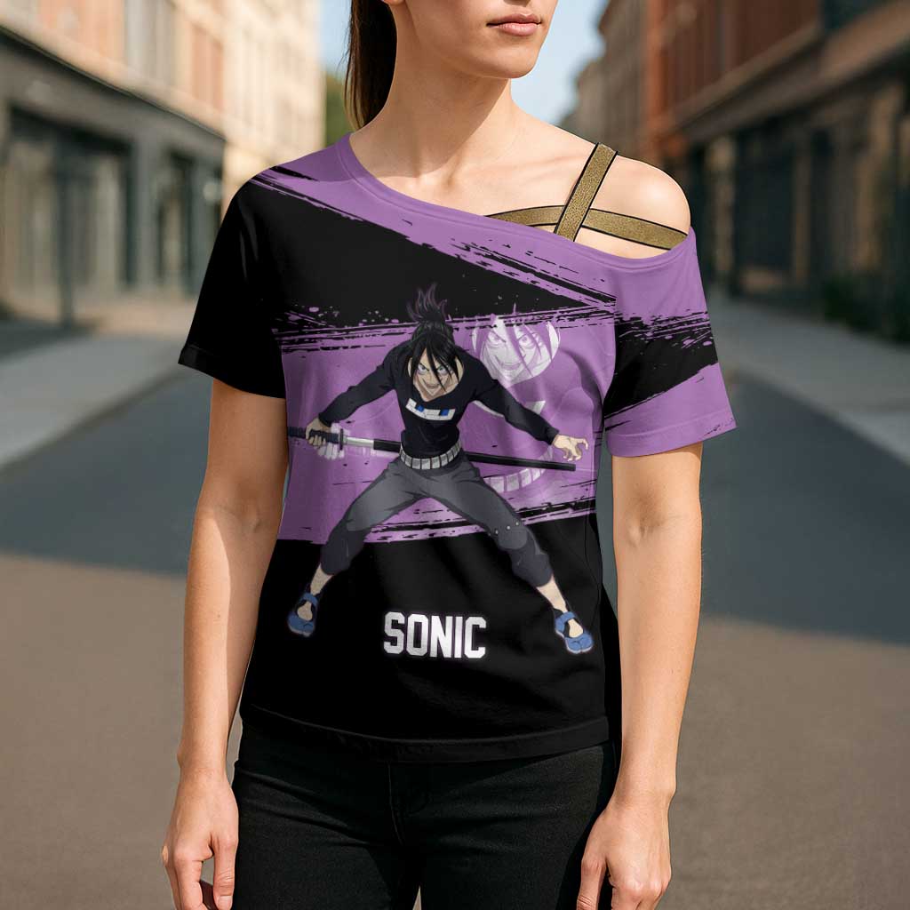 Sonic One Punch Man Anime Purple and Black Theme Cross Shoulder Shirt with Stealth Pose and High-Speed Ninja Design - The Mazicc
