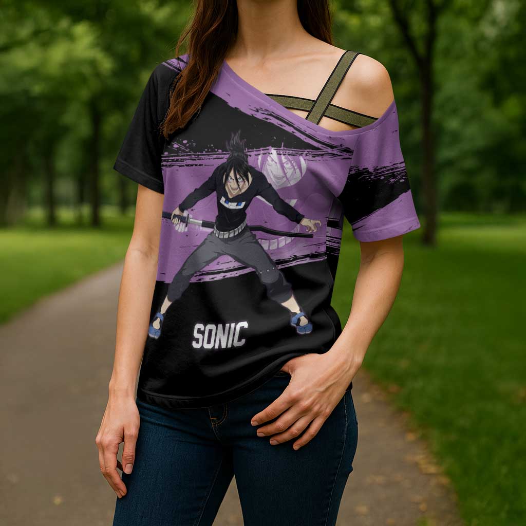 Sonic One Punch Man Anime Purple and Black Theme Cross Shoulder Shirt with Stealth Pose and High-Speed Ninja Design - The Mazicc