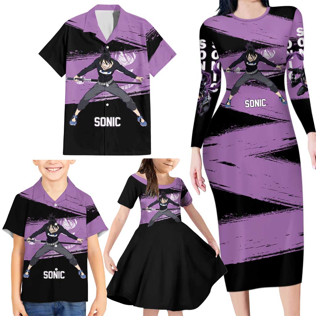 Sonic One Punch Man Anime Purple and Black Theme Family Matching Long Sleeve Bodycon Dress and Hawaiian Shirt with Stealth Pose and High-Speed Ninja Design