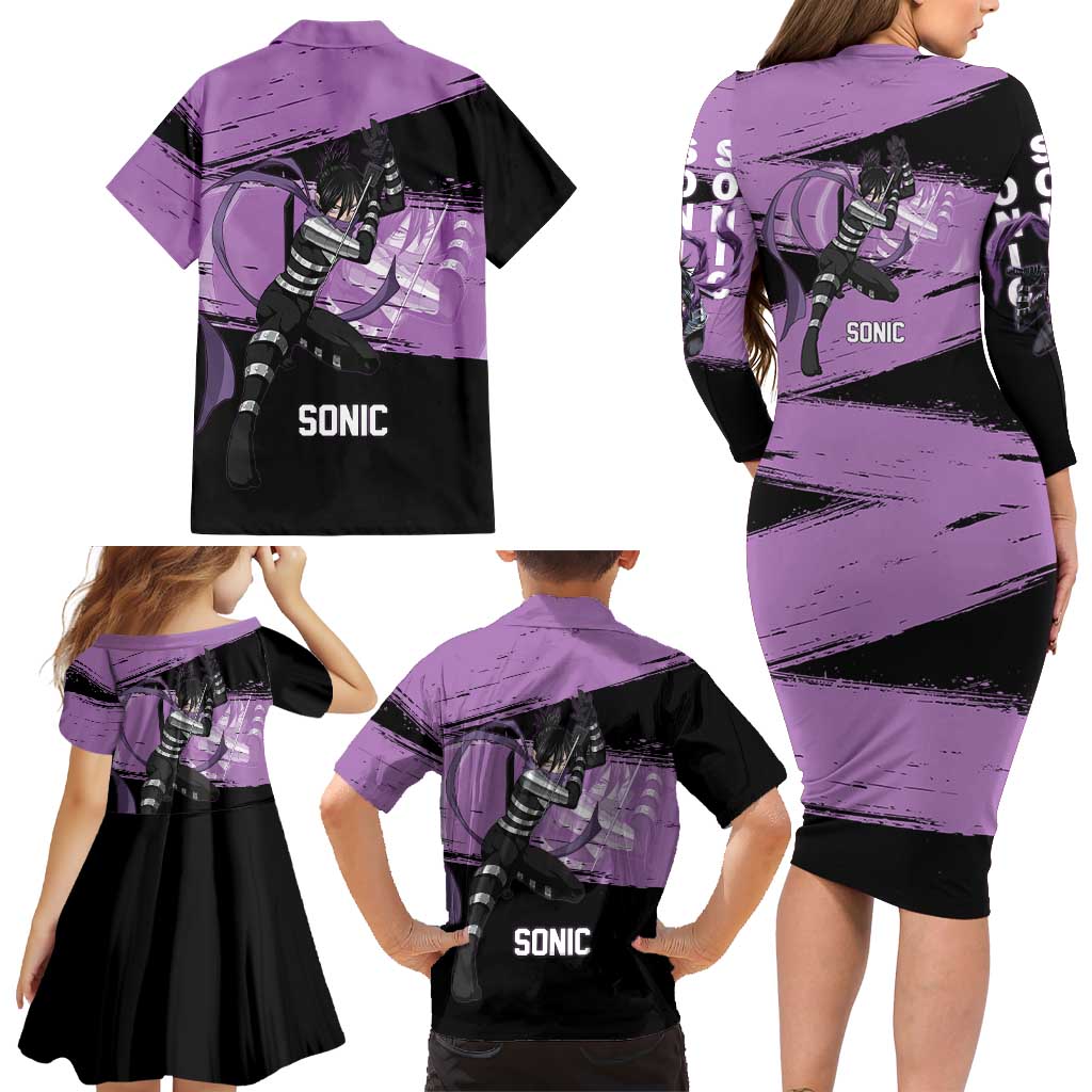 Sonic One Punch Man Anime Purple and Black Theme Family Matching Long Sleeve Bodycon Dress and Hawaiian Shirt with Stealth Pose and High-Speed Ninja Design