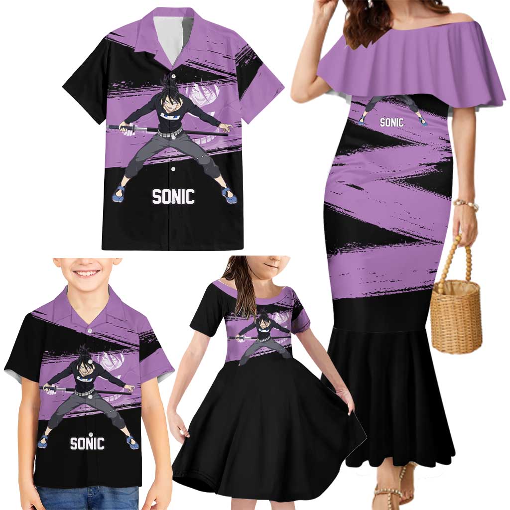 Sonic One Punch Man Anime Purple and Black Theme Family Matching Mermaid Dress and Hawaiian Shirt with Stealth Pose and High-Speed Ninja Design