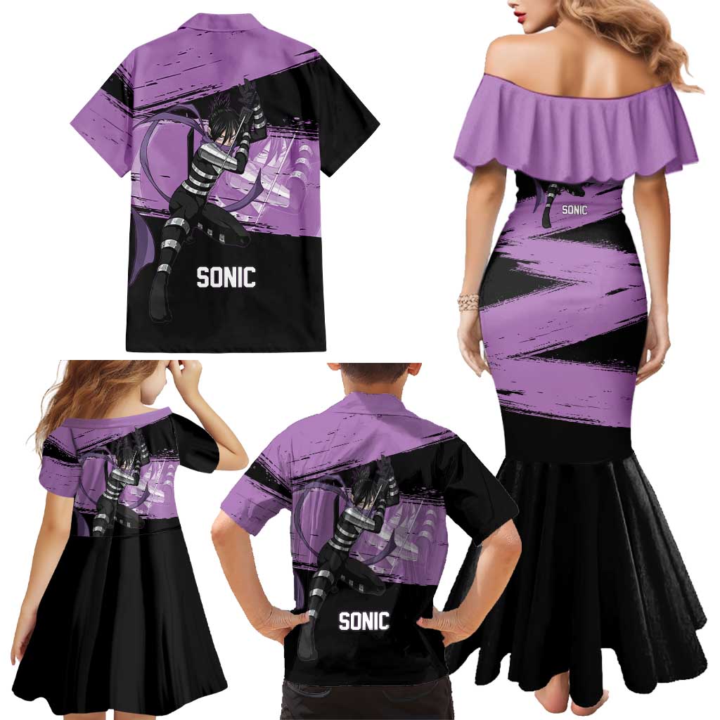 Sonic One Punch Man Anime Purple and Black Theme Family Matching Mermaid Dress and Hawaiian Shirt with Stealth Pose and High-Speed Ninja Design