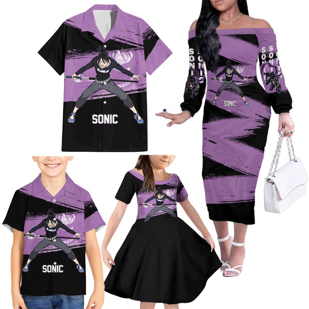 Sonic One Punch Man Anime Purple and Black Theme Family Matching Off The Shoulder Long Sleeve Dress and Hawaiian Shirt with Stealth Pose and High-Speed Ninja Design