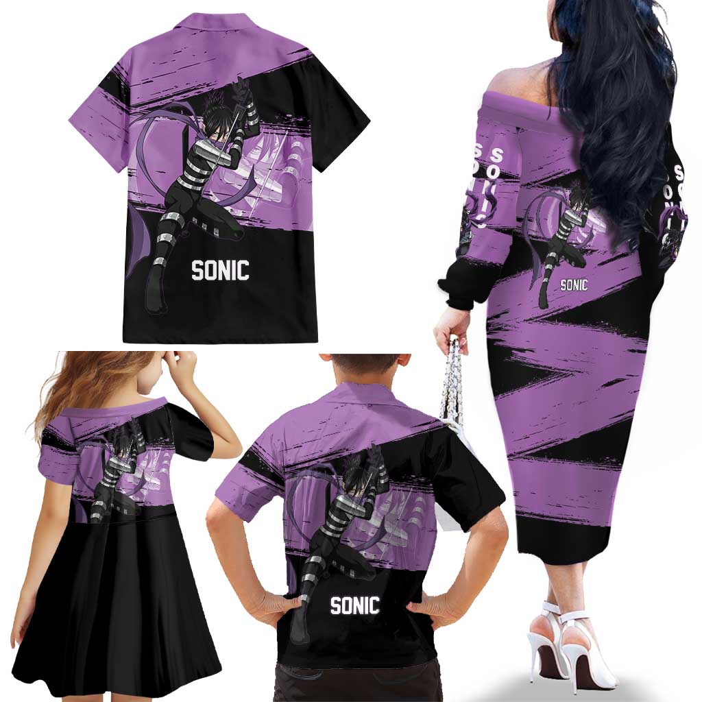 Sonic One Punch Man Anime Purple and Black Theme Family Matching Off The Shoulder Long Sleeve Dress and Hawaiian Shirt with Stealth Pose and High-Speed Ninja Design