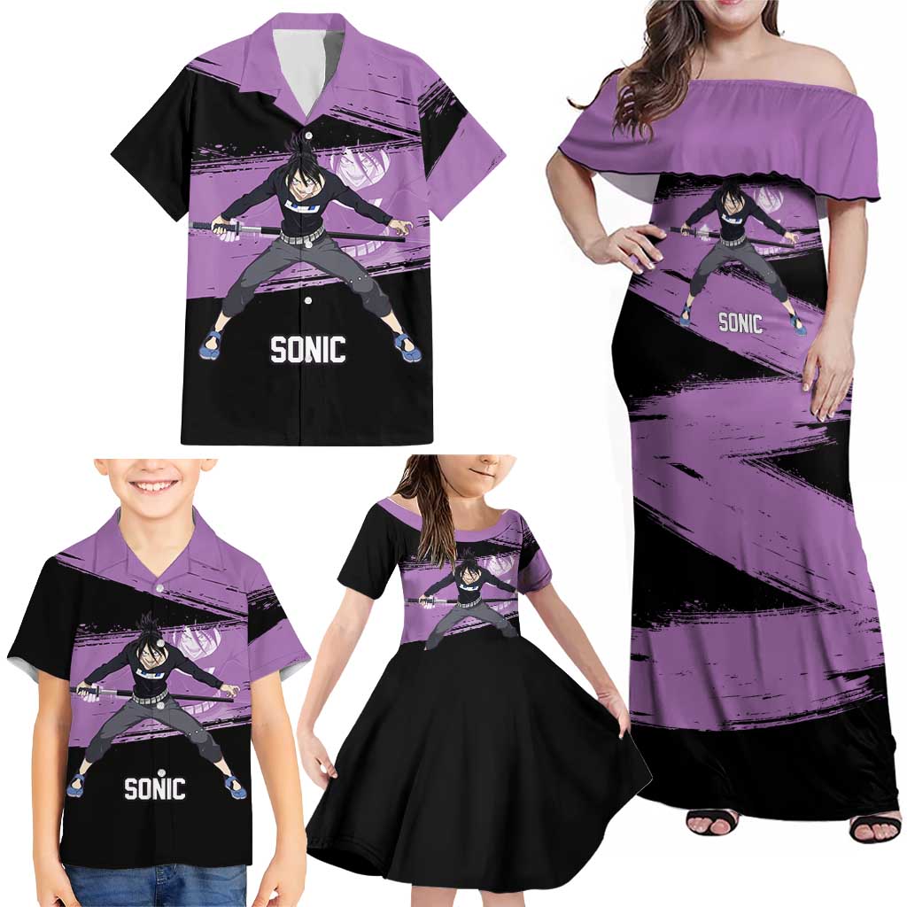Sonic One Punch Man Anime Purple and Black Theme Family Matching Off Shoulder Maxi Dress and Hawaiian Shirt with Stealth Pose and High-Speed Ninja Design