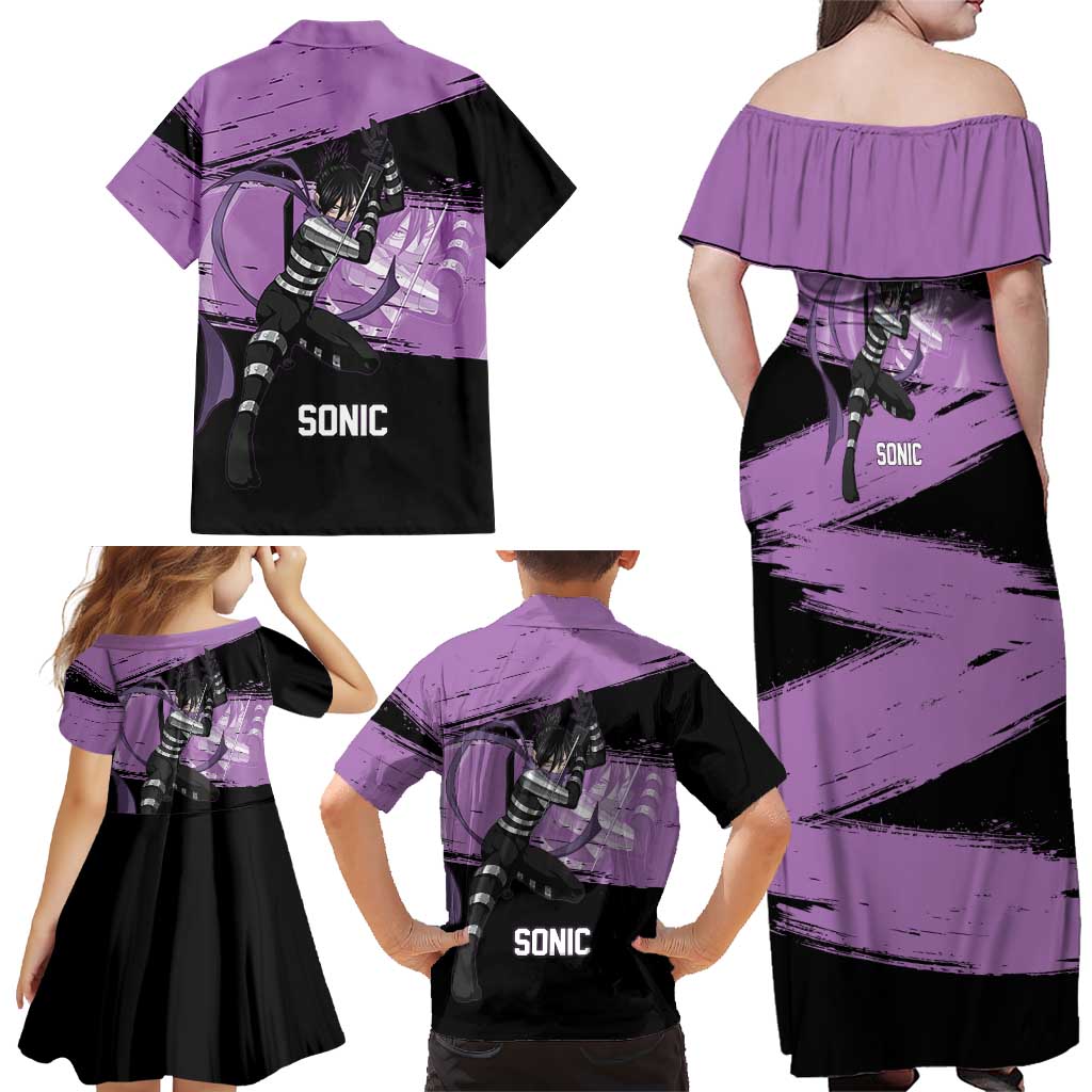 Sonic One Punch Man Anime Purple and Black Theme Family Matching Off Shoulder Maxi Dress and Hawaiian Shirt with Stealth Pose and High-Speed Ninja Design
