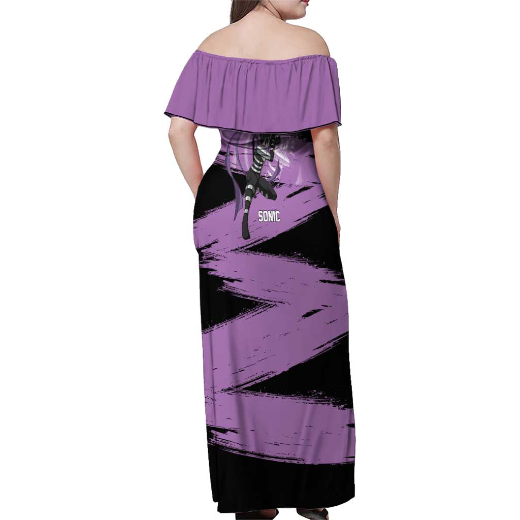 Sonic One Punch Man Anime Purple and Black Theme Family Matching Off Shoulder Maxi Dress and Hawaiian Shirt with Stealth Pose and High-Speed Ninja Design
