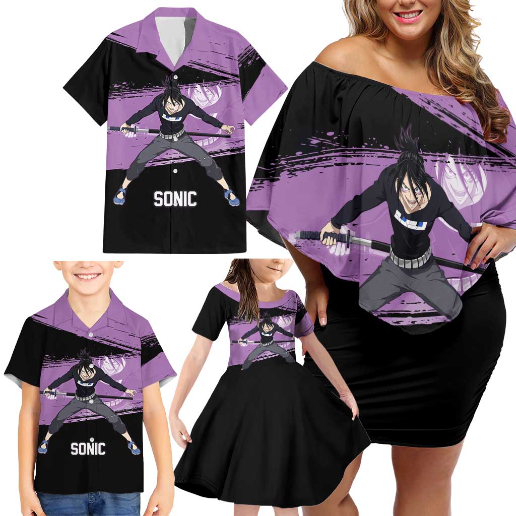 Sonic One Punch Man Anime Purple and Black Theme Family Matching Off Shoulder Short Dress and Hawaiian Shirt with Stealth Pose and High-Speed Ninja Design