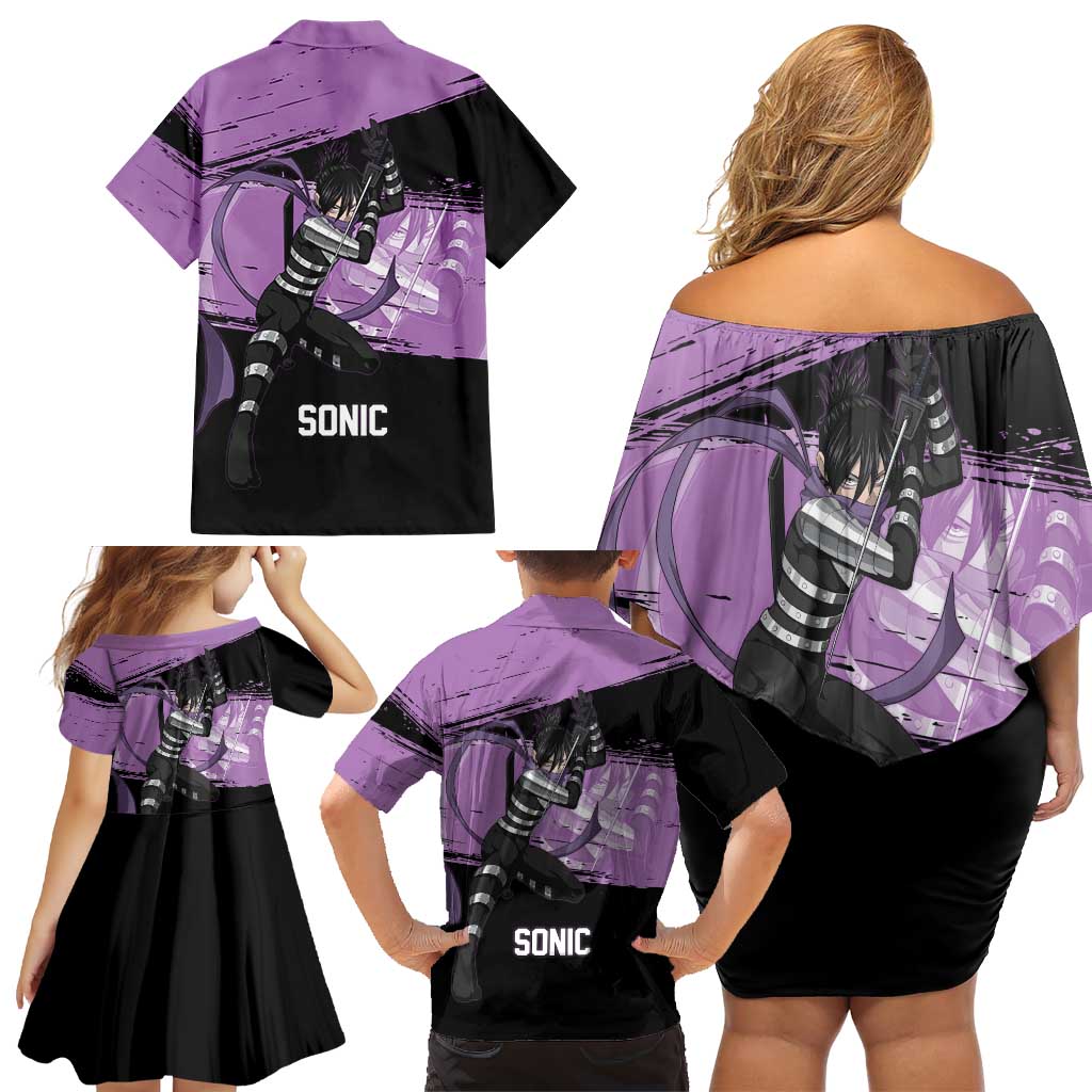 Sonic One Punch Man Anime Purple and Black Theme Family Matching Off Shoulder Short Dress and Hawaiian Shirt with Stealth Pose and High-Speed Ninja Design