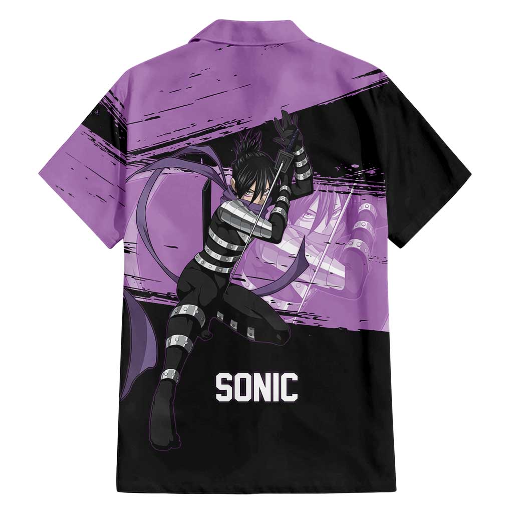 Sonic One Punch Man Anime Purple and Black Theme Family Matching Off Shoulder Short Dress and Hawaiian Shirt with Stealth Pose and High-Speed Ninja Design