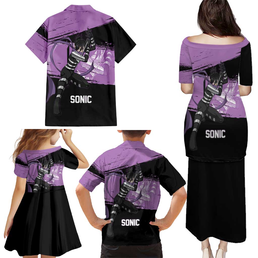 Sonic One Punch Man Anime Purple and Black Theme Family Matching Puletasi and Hawaiian Shirt with Stealth Pose and High-Speed Ninja Design