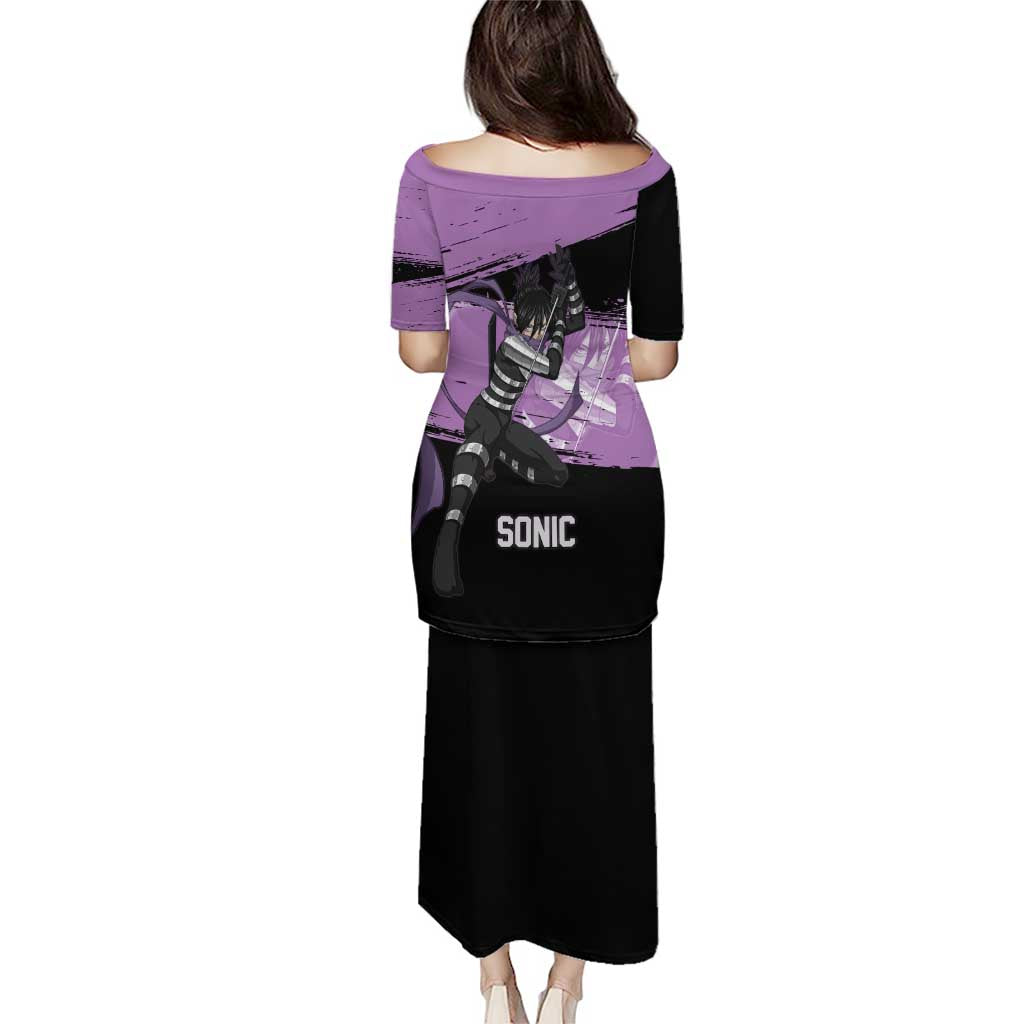 Sonic One Punch Man Anime Purple and Black Theme Family Matching Puletasi and Hawaiian Shirt with Stealth Pose and High-Speed Ninja Design