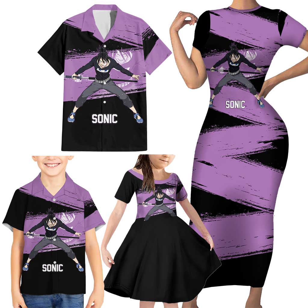Sonic One Punch Man Anime Purple and Black Theme Family Matching Short Sleeve Bodycon Dress and Hawaiian Shirt with Stealth Pose and High-Speed Ninja Design