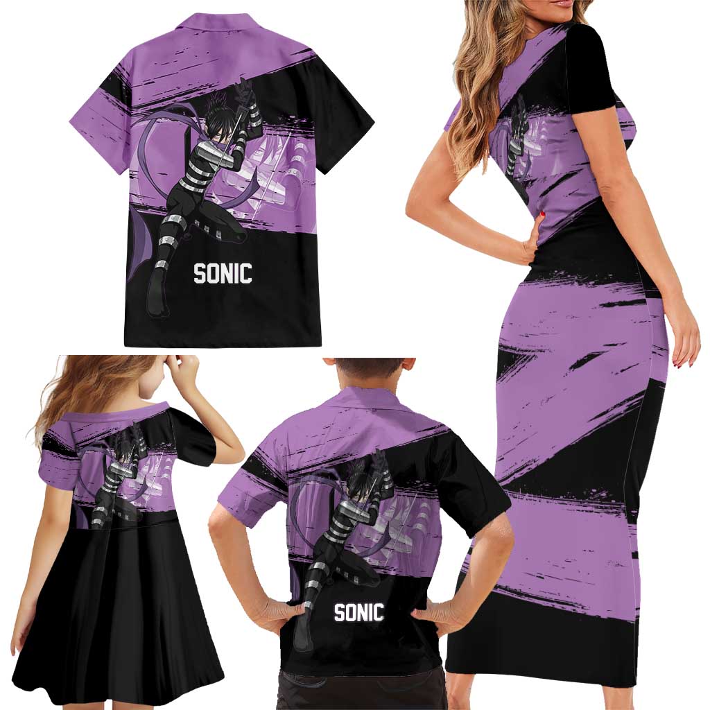 Sonic One Punch Man Anime Purple and Black Theme Family Matching Short Sleeve Bodycon Dress and Hawaiian Shirt with Stealth Pose and High-Speed Ninja Design