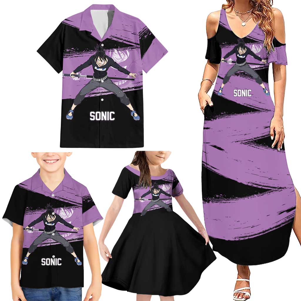 Sonic One Punch Man Anime Purple and Black Theme Family Matching Summer Maxi Dress and Hawaiian Shirt with Stealth Pose and High-Speed Ninja Design